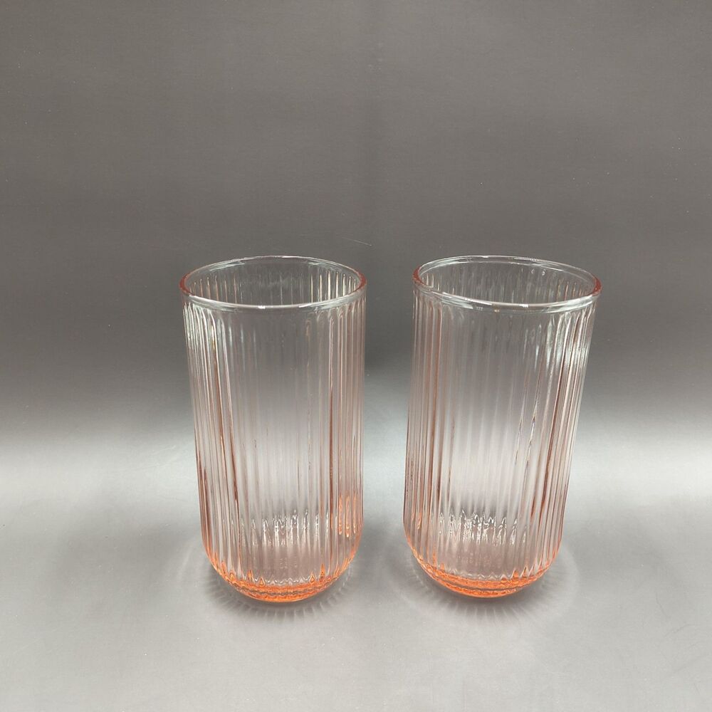 Vintage Anchor Hocking Glass QUEEN MARY Vertical Ribbed Pink Water Tumbler (2)